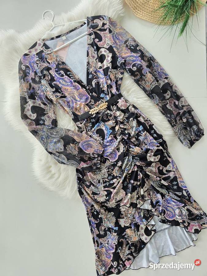 Sukienka kolorowy print Siateczkowe Rękawy