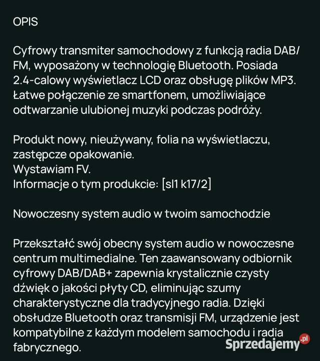Samochodowy transmiter Dab FM Bluetooth sprzedam Transmitery dolnośląskie Wrocław