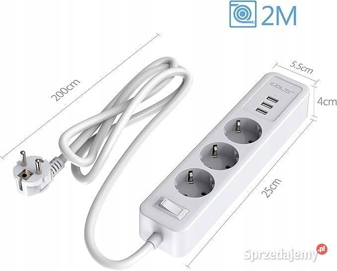 JSVER Listwa zasilająca 3x230V 3xUSB 3680W z mazowieckie Myszyniec