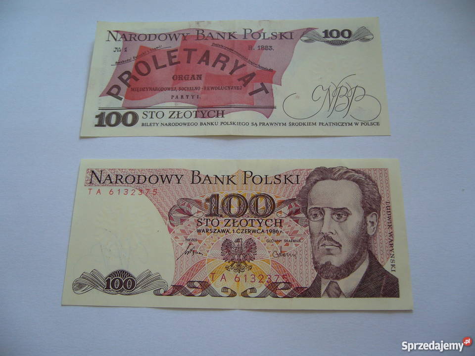 Banknoty 100 1986 seria TA dwa numery pod Numizmatyka wielkopolskie Kalisz