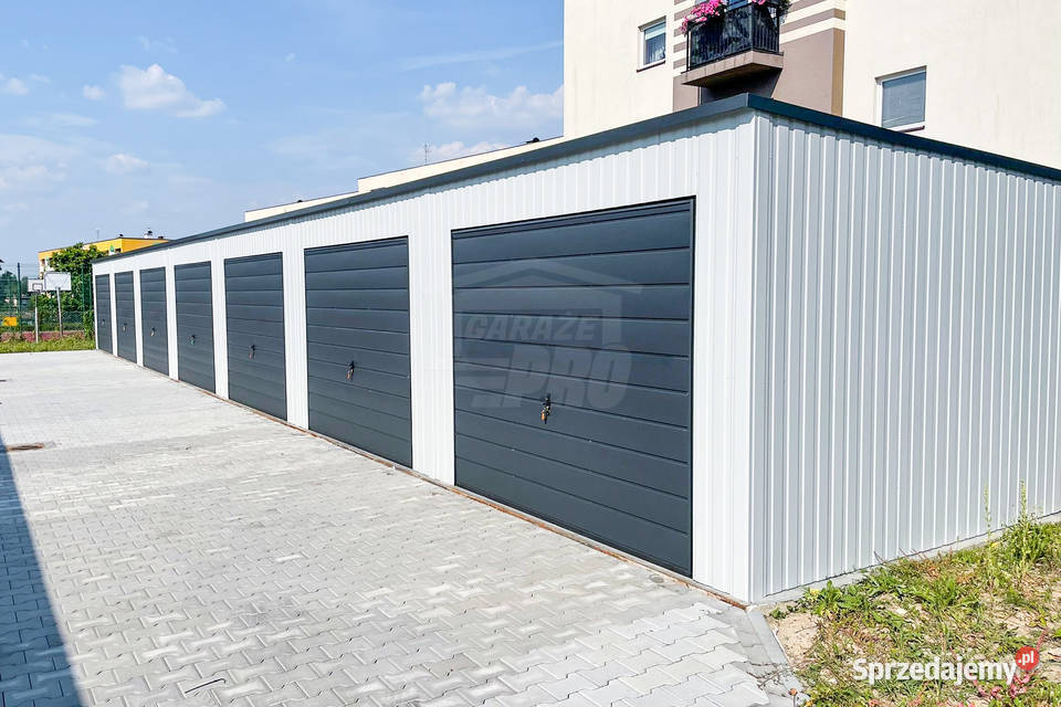 Rząd garaży 28x55m 7x bramy uchylne dach spad w samodzielny Turek