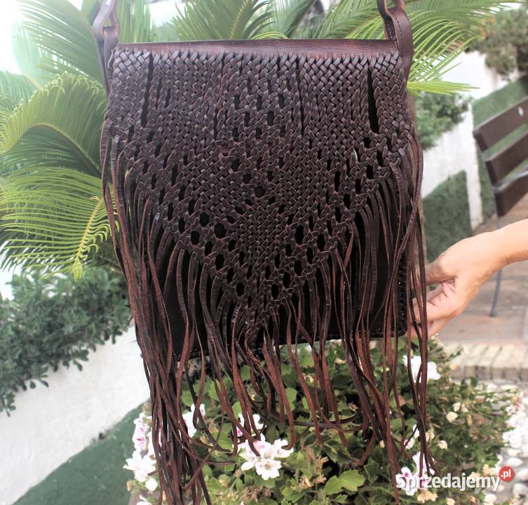 Unikatowa skórzana torebka z fredzlami ręcznie 32cm Mogilno