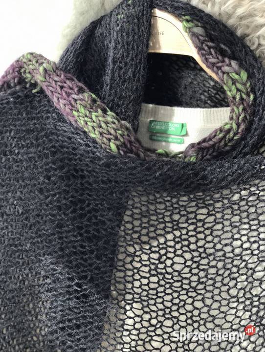 Czarny szal handmade angora zielone wykończenie Warszawa