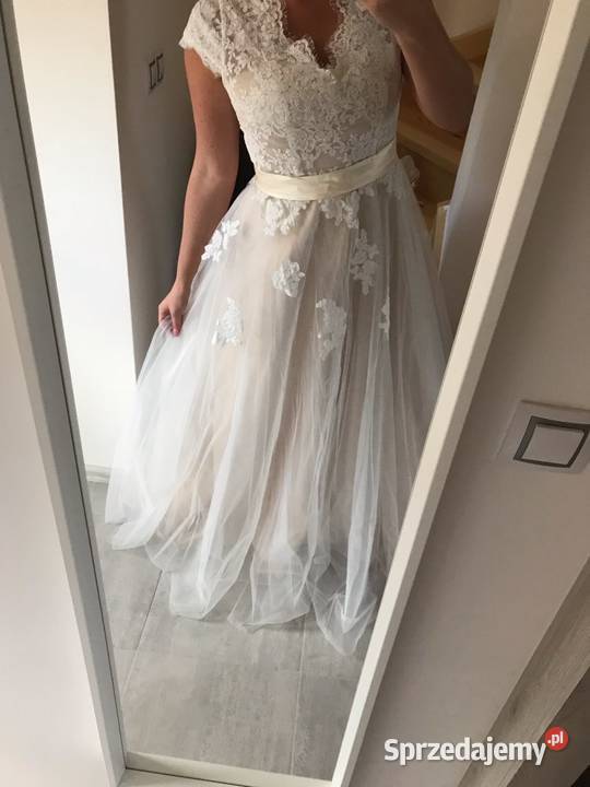 Suknia ślubna boho beż liniaA koronka 34 Jelenia Góra sprzedam