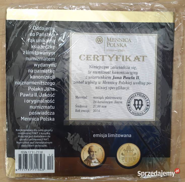 Moneta Medal Jan Paweł II Kanonizacja Złoto Numizmatyka Sosnowiec