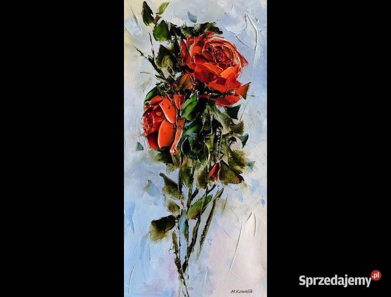 Kowalik Czerwone róże obraz olejny 20x40 kwiaty Warszawa
