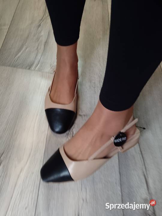 39 Beżowo Czarne baleriny wieczorowe z odkrytą Balerinki Kraków