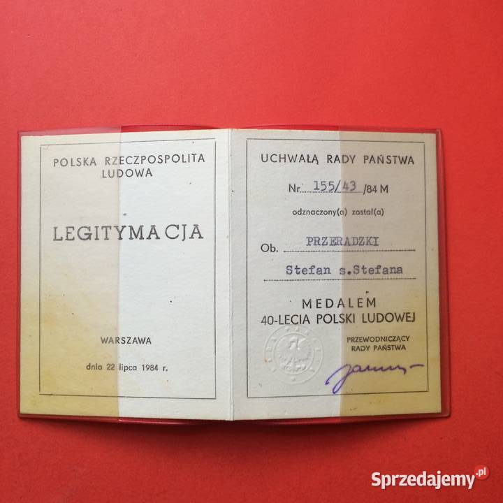 1910 Legitymacja Medalu 40lecia PRL Przeradzki zachodniopomorskie