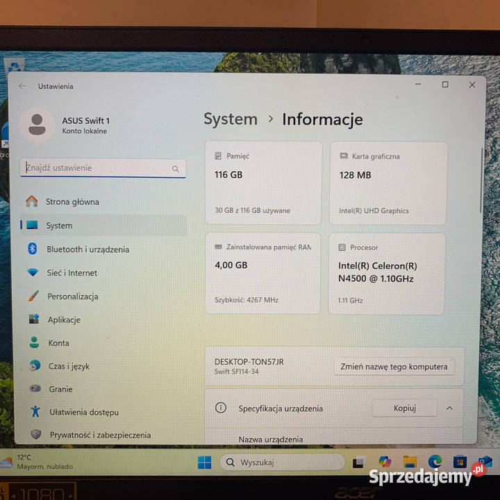 ACER Swift 1 14 N4500 4GB RAM 128GB eMMC Win11 Warszawa