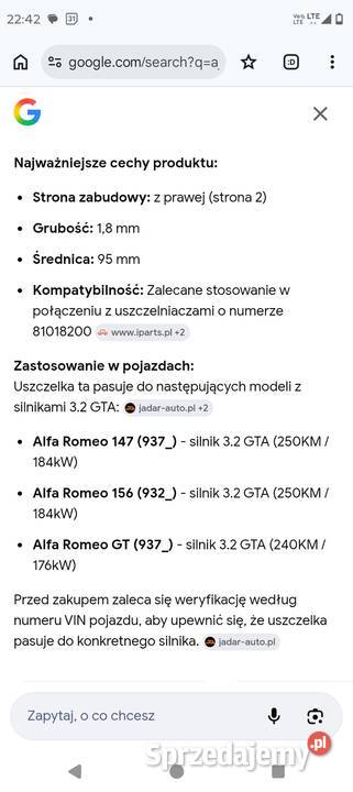 Alfa Romeo 156 147 GT uszczelka fo silnika Wrocław