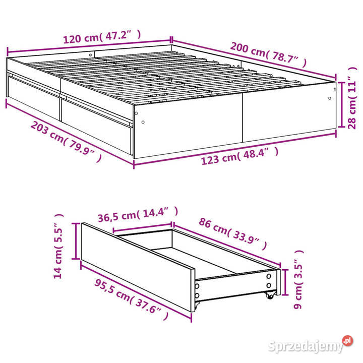 Rama łóżka z szufladami przydymiony dąb 120x200 Warszawa