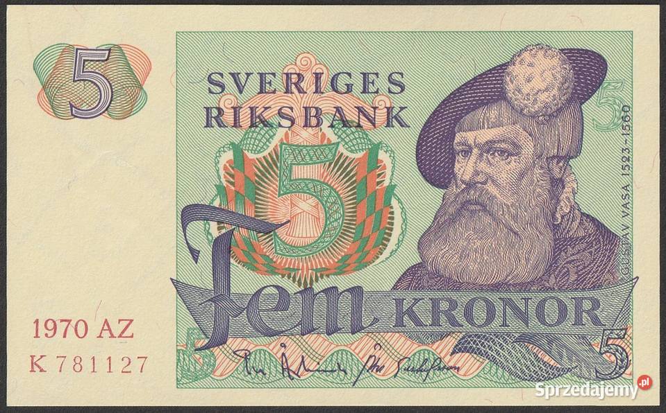 SZWECJA 5 KORON 1970 STAN BANKOWY UNC Łódź