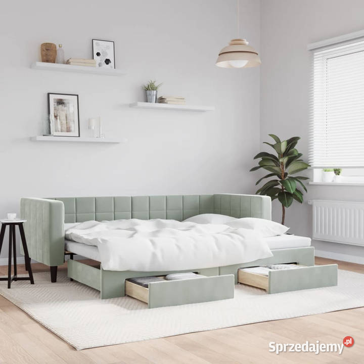 Sofa rozsuwana z szufladami jasnoszara aksamit sprzedam