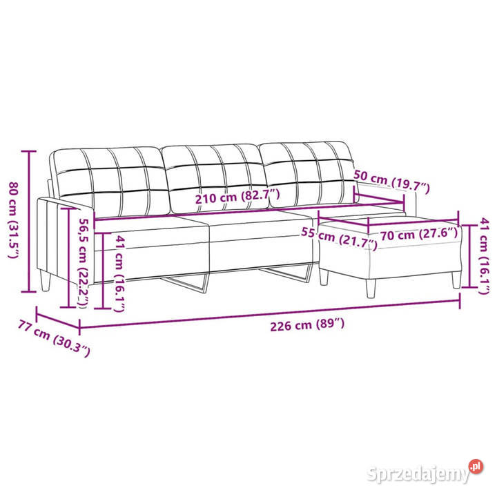 3osobowa sofa z podnóżkiem kremowa 210 tkaniną Warszawa