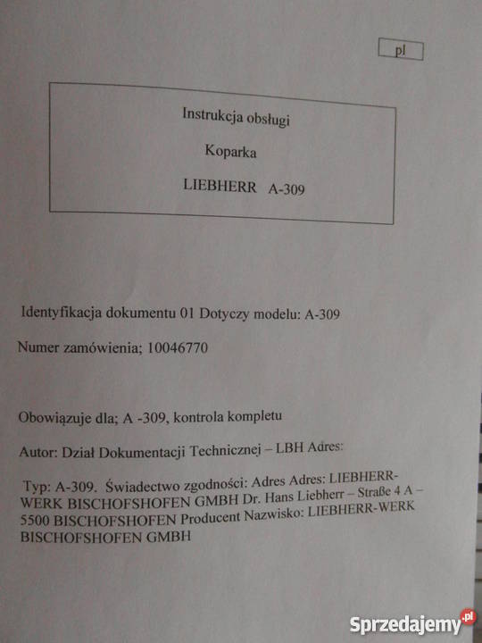 INSTRUKCJA OBSŁUGI DTR LIEBHERR A 309 i inne zachodniopomorskie Szczecin
