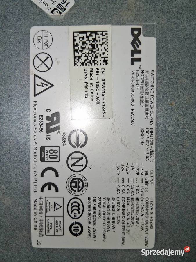 Zasilacz F255E00 Dell 80 PLUS SILVER 255W 0PW115 Poznań sprzedam