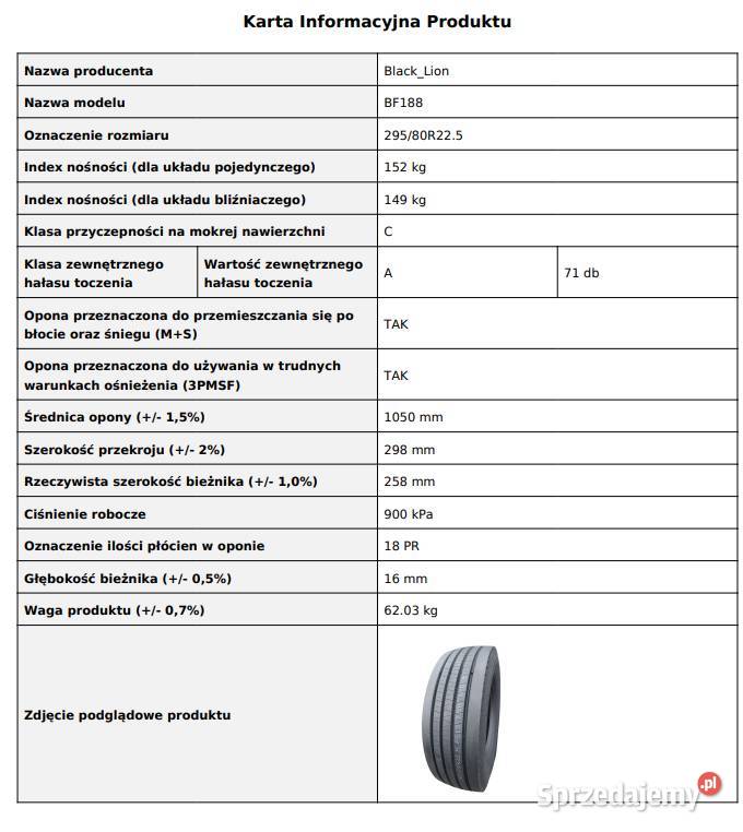 Opona Prowadząca 29580 R225 BlackLion BF188 Nowa 22.5cale Zarębki