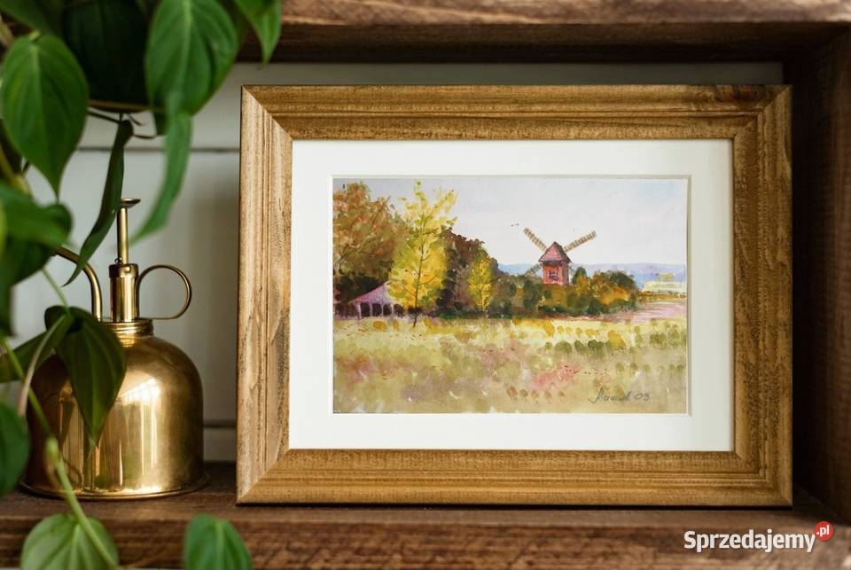 Wiatrak jesienny pejzaż akwarela Mirosława lubelskie