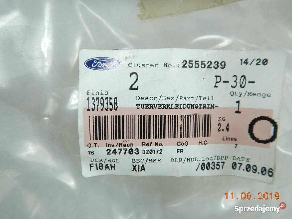 TAPICERKA BOCZEK DRZWI LEWY TYŁ FORD FIESTA 0108 Tapicerki samochodowe sprzedam