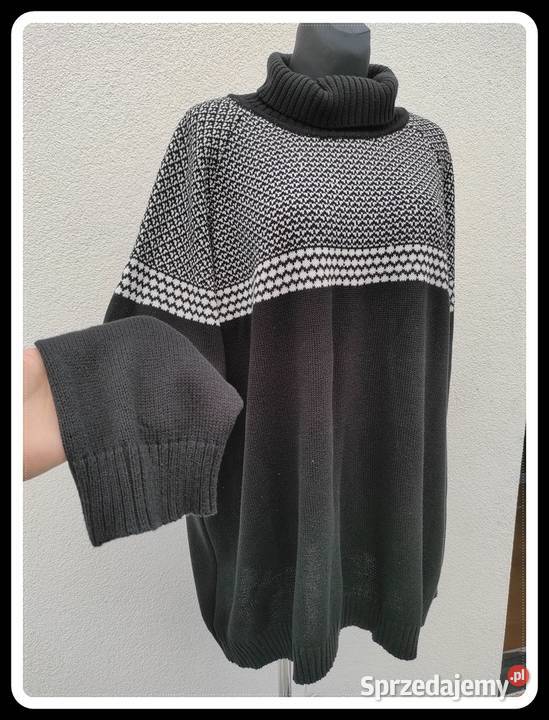 Gruby sweter czarny z białym wzorem golf na zimę Wkładane przez głowę  Płock