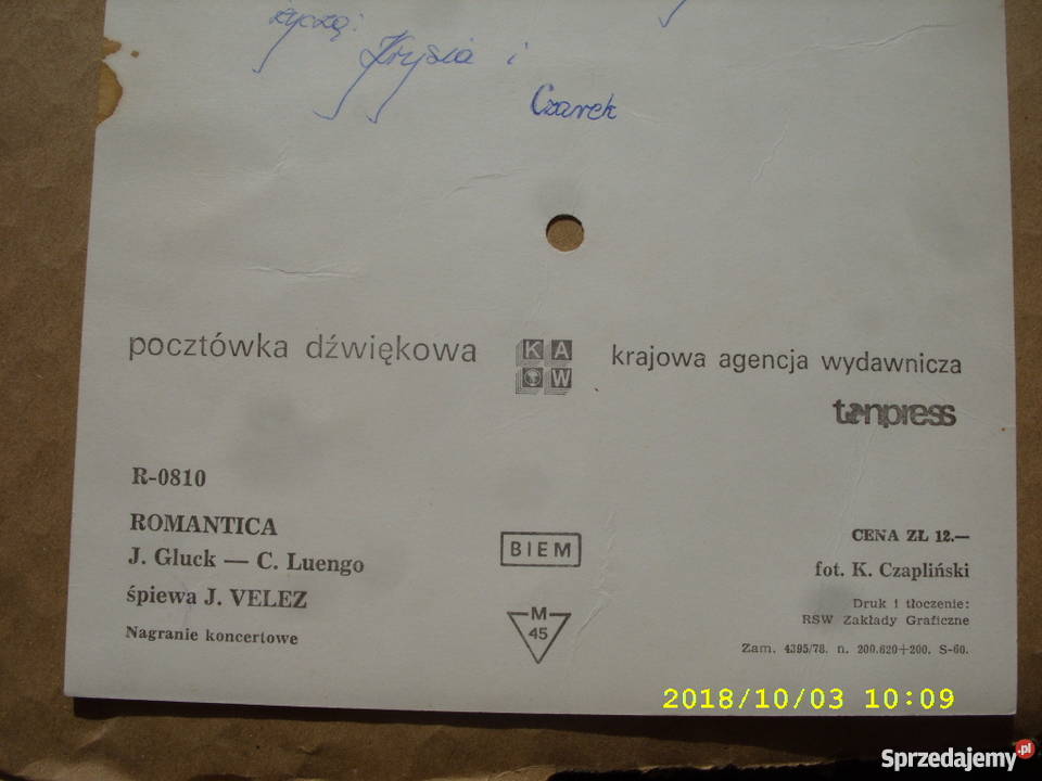 J VELEZROMANTICA 2 pocztowki dzwiekowe Wołów