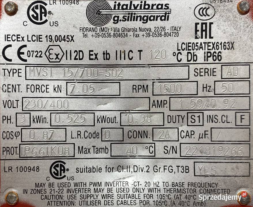 elektrowibrator silnik wibracyjny 0525kW 1500obr Pigża