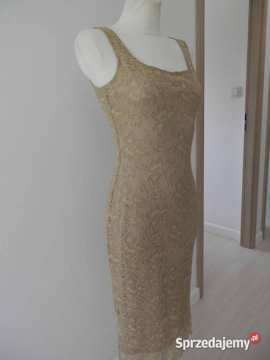 Sukienka Tiulowa Beżowa na Wesele Dopasowana podlaskie Łomża