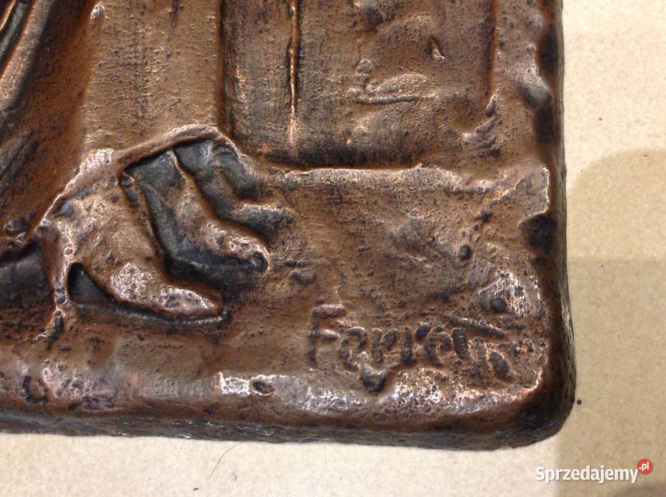 Stara Płaskorzeźba Miedziana Sygnowana Nowa Sól