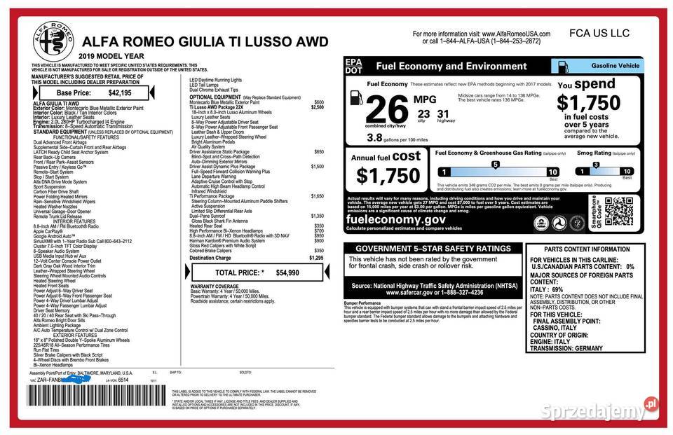 2019 Alfa Romeo Giulia TI Lusso Q4 280 full śląskie Siewierz sprzedam