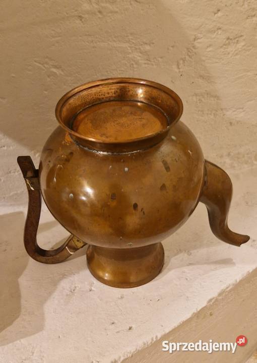 Stary miedziany DZBANEK z drewnianymi uchwytem Lublin
