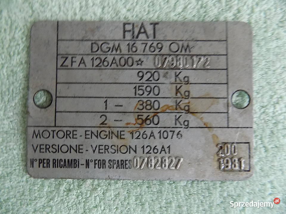 Tabliczki znamionowe FIAT 126p 1981 i 1986r małopolskie Andrychów