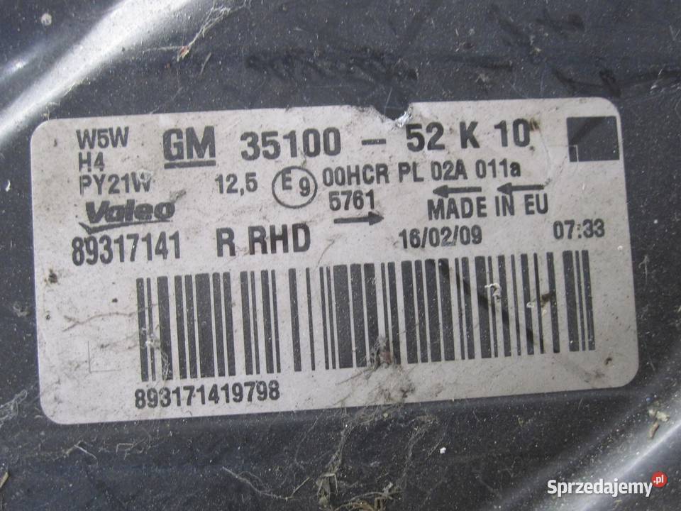 OPEL AGILA B 09r lampa prawa przód 3510052K10 osobowe sprzedam