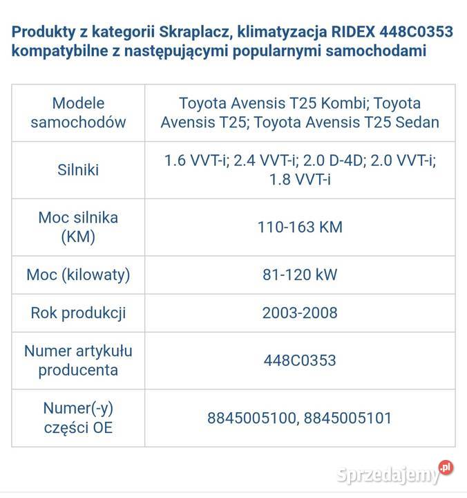 Skraplacz klimatyzacji toyota Avensis Chojnów
