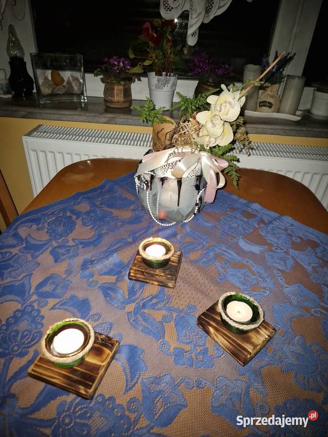 Komplet 3 świeczników handmade z drewna i szkła Pszów