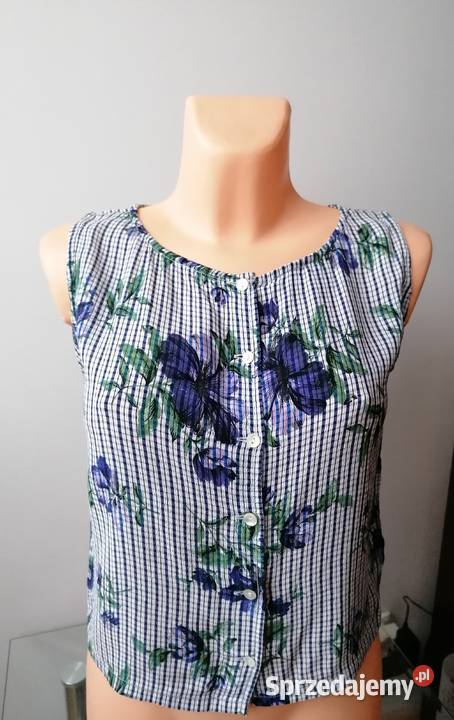 WALLISDAMSKI TOP BEZ RĘKAWÓW W KRATĘ KWIATY R38 niebieski łódzkie