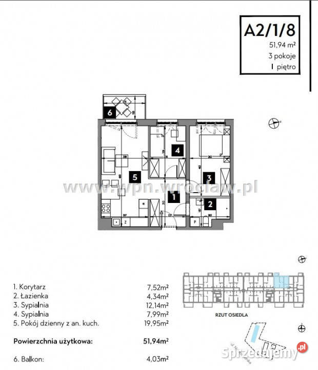 Mieszkanie Wrocław 5194m2 3 pokoje Piętro 1