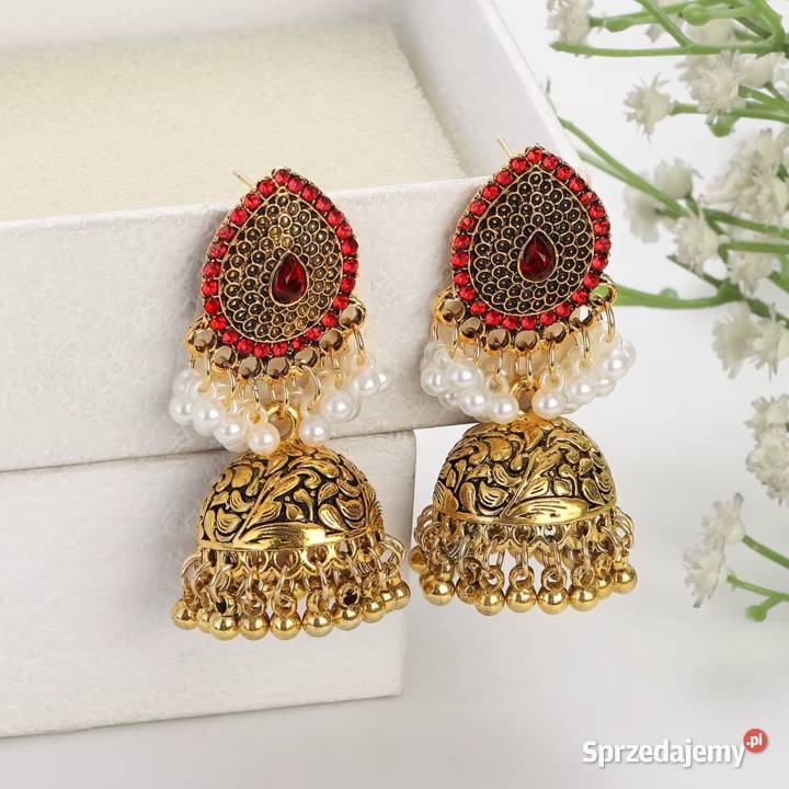 Duże kolczyki jhumki jhumka złoty kolor czerwone zachodniopomorskie
