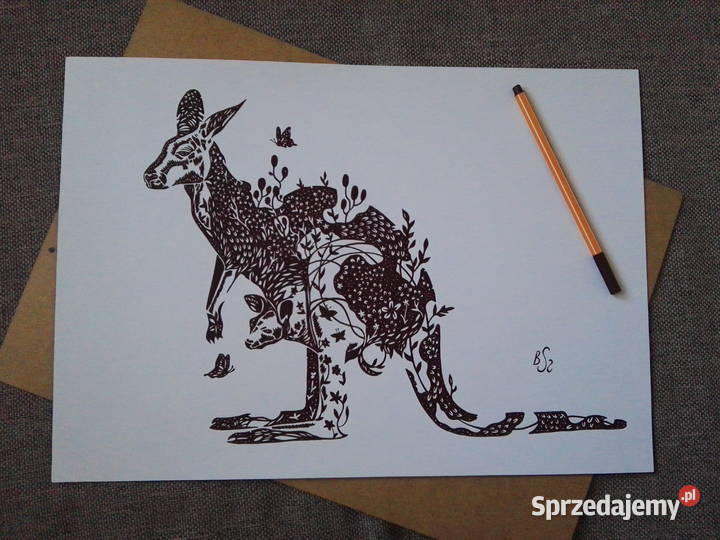 Rys kangurzyca z dzieckiem cienkopis b tec A3 Warszawa
