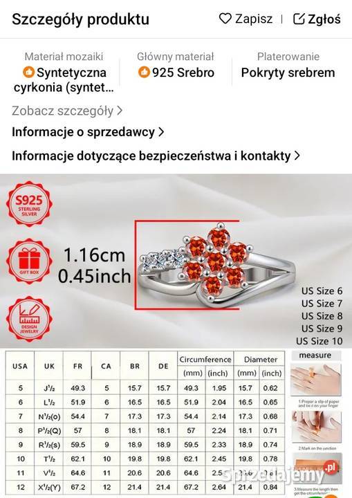 Pierścionek ze srebra z czerwonymi cyrkoniami Warszawa