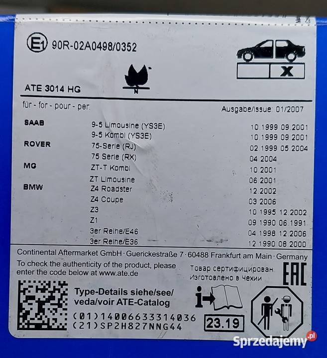 ATE KLOCKI HAMULCOWE TYŁ BMW E36 E46 Z1 Z3 Z4 Mielęcin