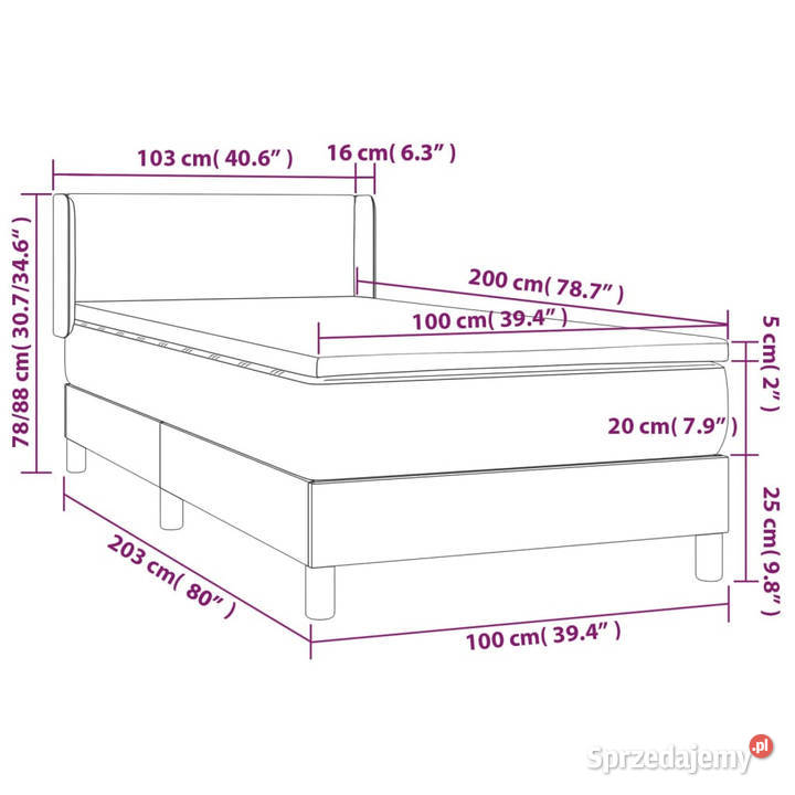 Łóżko kontynentalne z materacem ciemnoszary 88cm