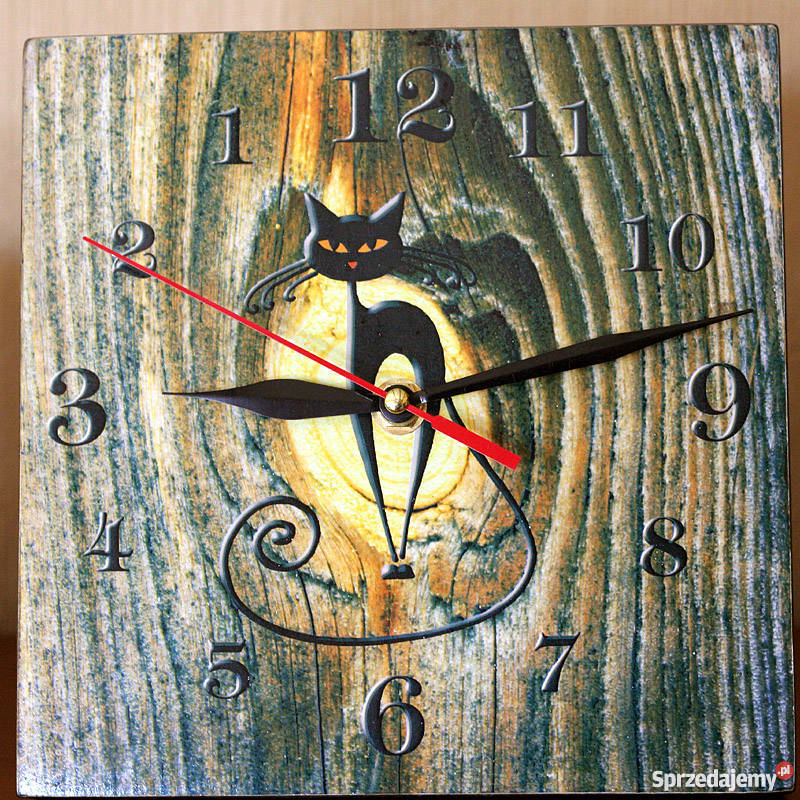 Zegar tryptyk wsteczny z motywem kota drewno Kościerzyna