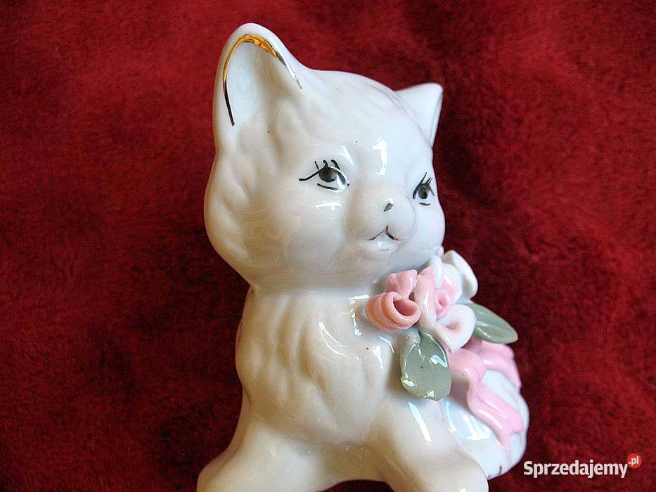 Kot koteczka z kwiatkami stara figurka porcelana biały Siedlce