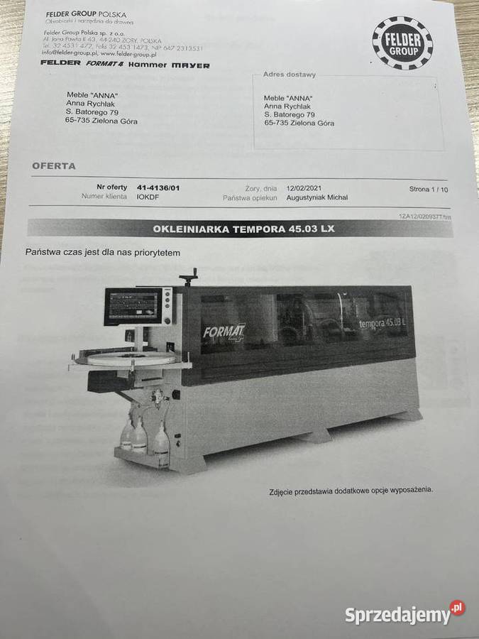 okleiniarka Felder Tempora 4503 LX Produkcja Zielona Góra