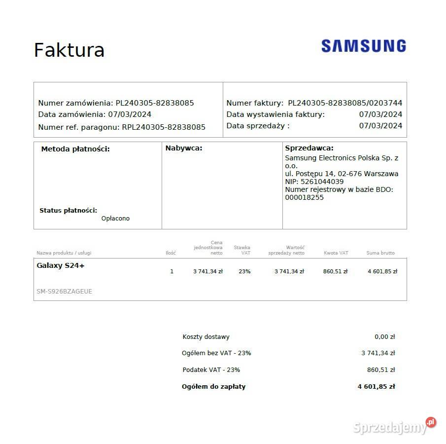 Samsung Galaxy S24 Plus 12512GB kupiony w Warszawa