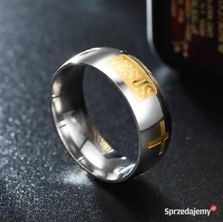 Obrączka grawerowana rózne Jezus z krzyż stal Starachowice