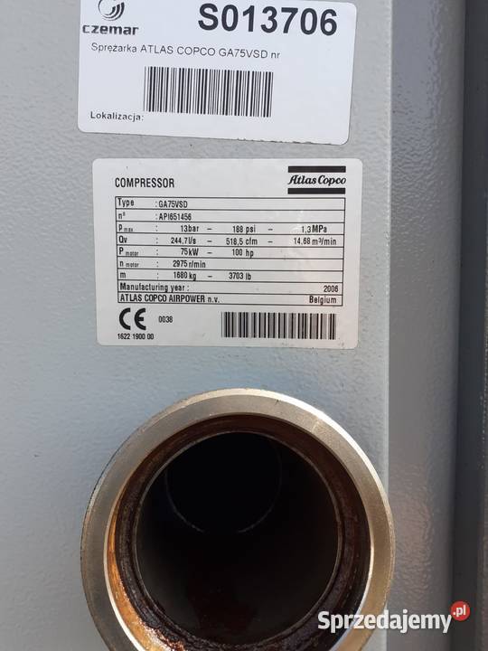 Sprężarka ATLAS COPCO GA75VSD 75KW S013706 opolskie Wilków