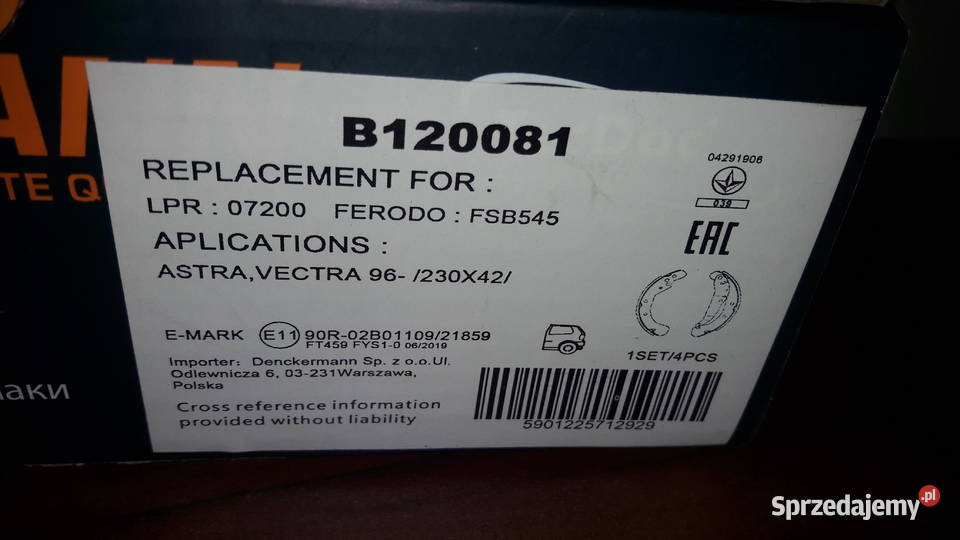 Szczęki hamulcowe Denckermann B120081 Opel Rok produkcji 2020 sprzedam