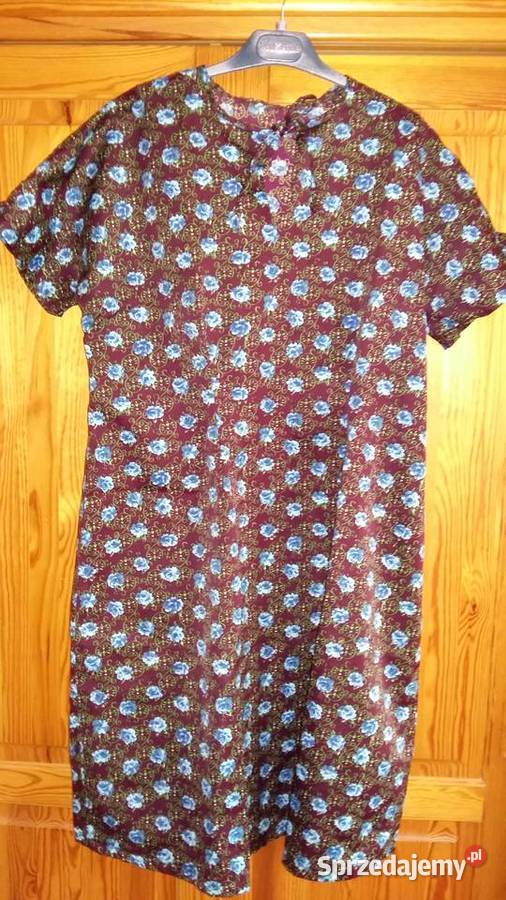 Bordowa sukienka w niebieskie kwiatki z krótkim Łódź