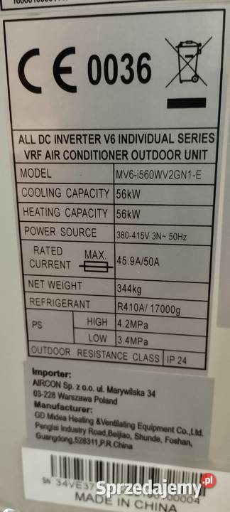 Nowe Agregaty Chłodnicze VRF MDV Midea V6 56 kW Zgierz